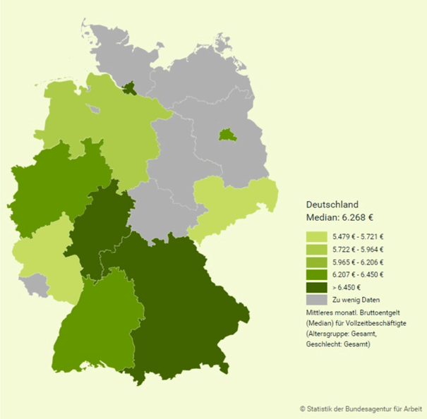 Deutschlandkarte auf der die Bundesländer markiert sind, in denen Steuerberater das höchste Gehalt haben.
