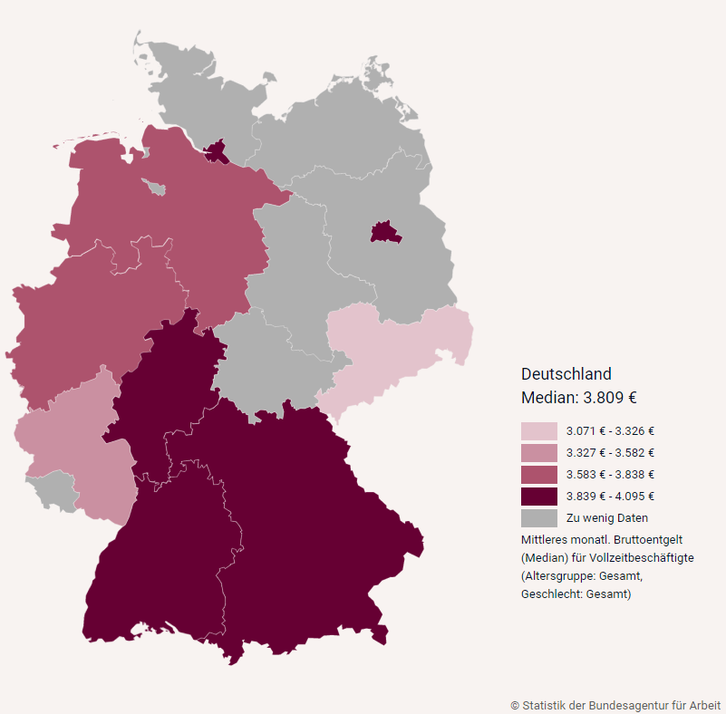 Auf der Deutschlandkarte sind die Bundesländer farblich markiert, je nach Höhe des mittleren monatlichen Bruttogehalts für Steuerfachwirte/innen
