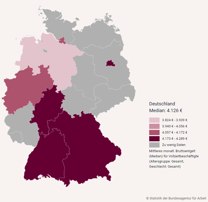 Deutschlandkarte auf das Gehalt von Prüfungsassistenten in der Wirtschaftsprüfung eingetragen ist.
